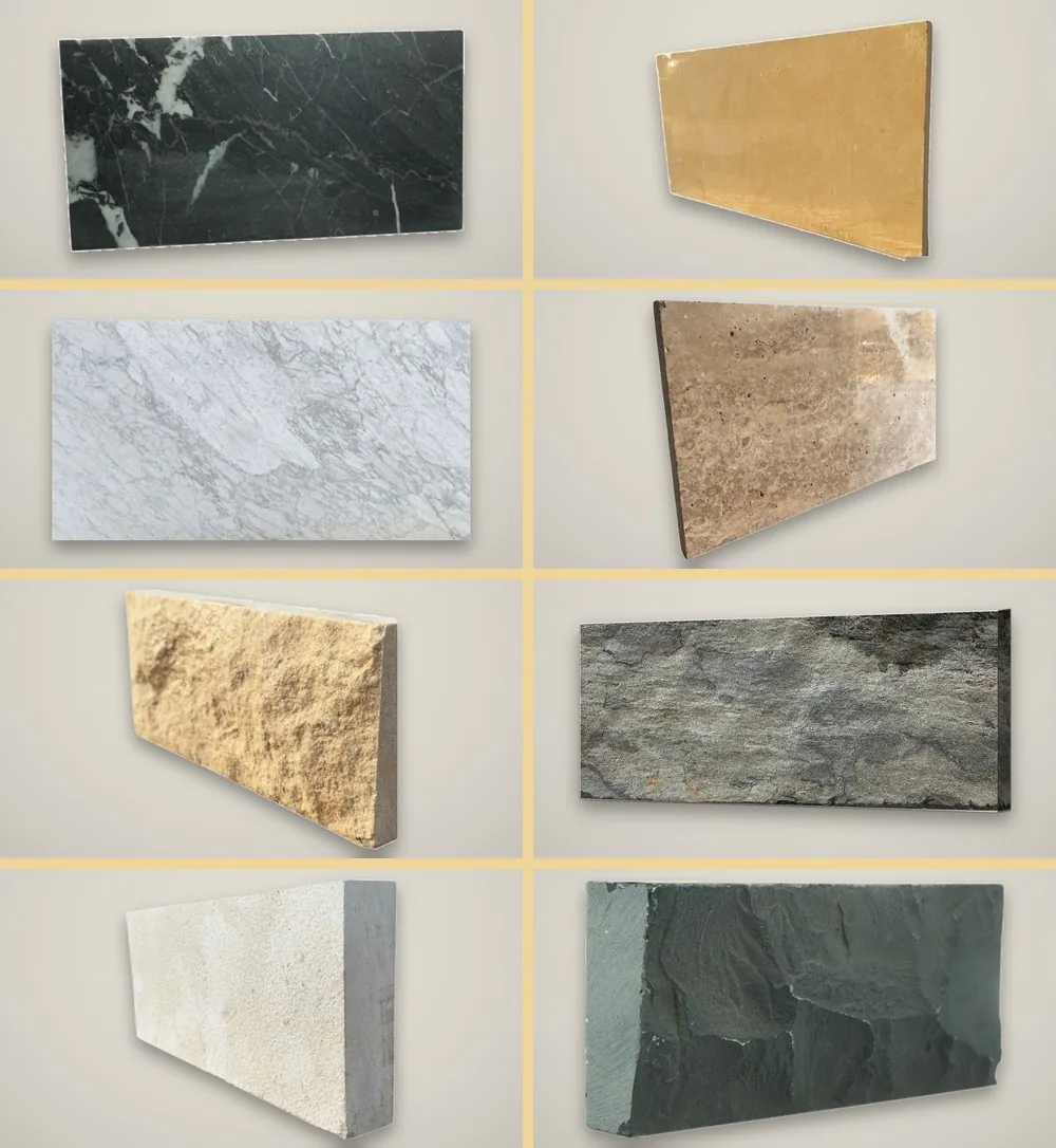 Collection de pierres et marbres Ahjar Ettazi : marbre noir veiné, Carrara, travertin, grès beige, pierre de Taza