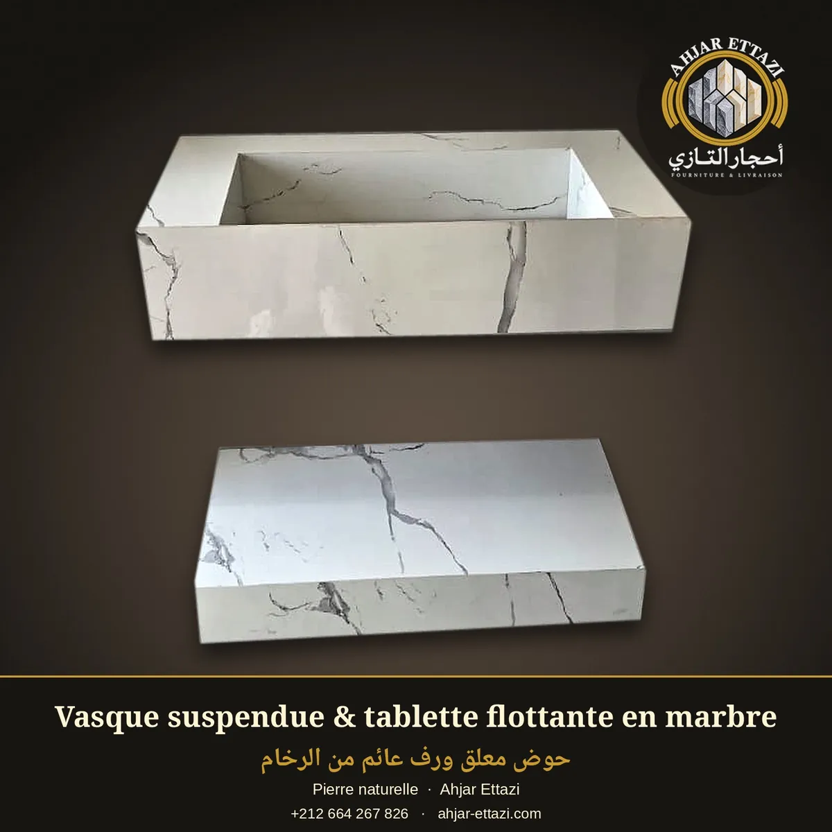 Vasque suspendue et tablette flottante en marbre blanc